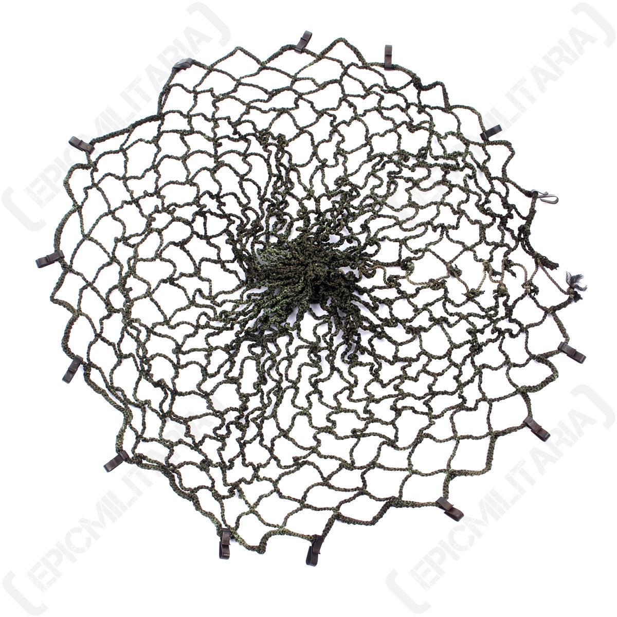 Full view of an olive drab East German NVA surplus helmet net featuring an open mesh design and metal attachment clips.