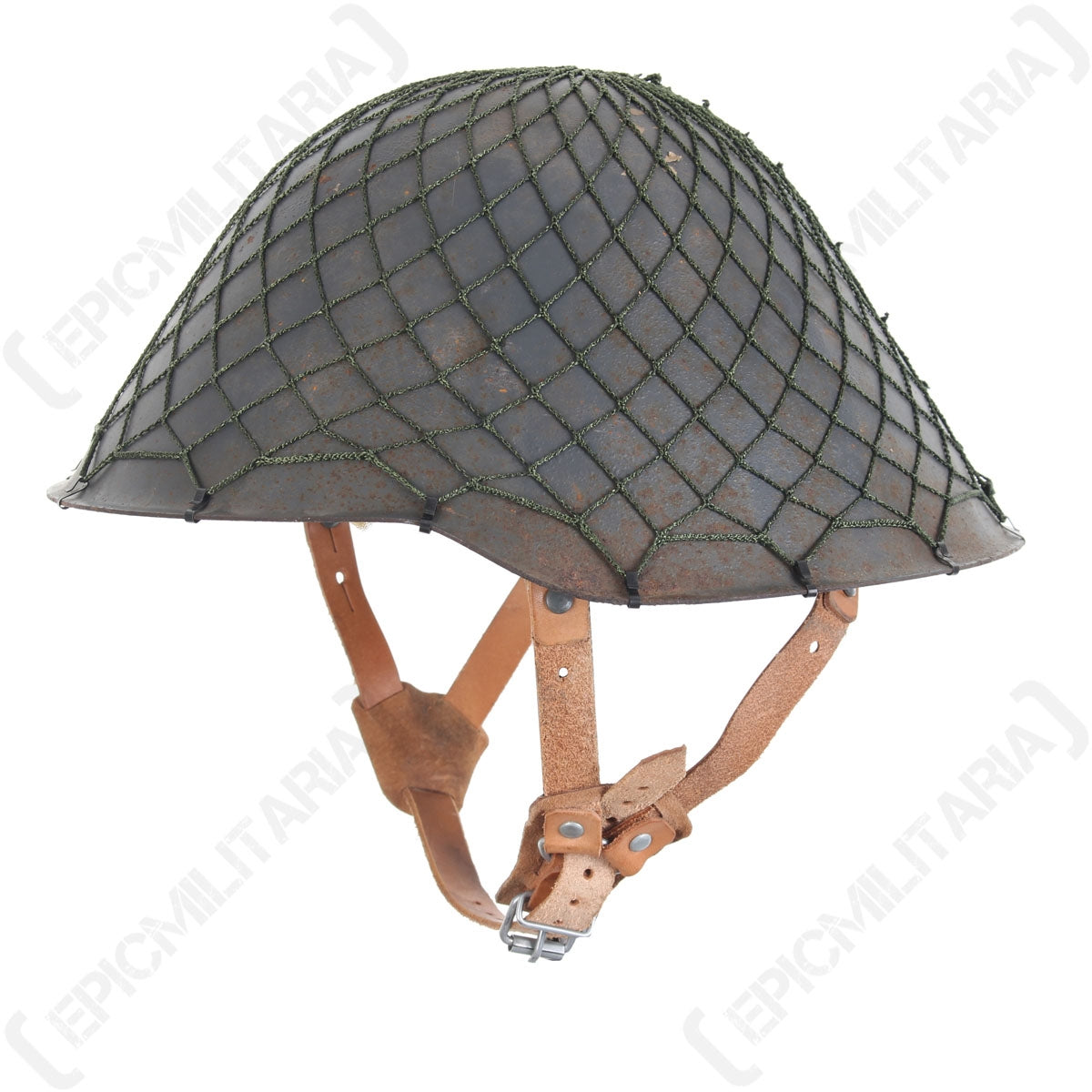 A side-profile view of a military helmet featuring an olive drab NVA camouflage net fitted securely over the shell.