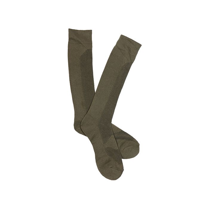 Olive drab long-cuff socks with targeted ventilation mesh and elasticated arch support for high-leg outdoor footwear.