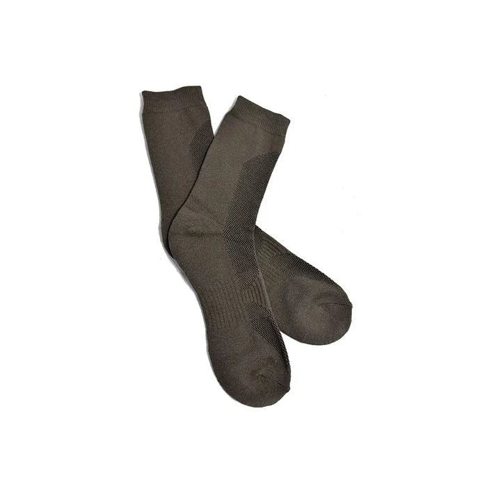 Pair of olive drab Coolmax hiking socks, highlighting mid-calf length and impact-absorbing cushioned padding for all-day support.