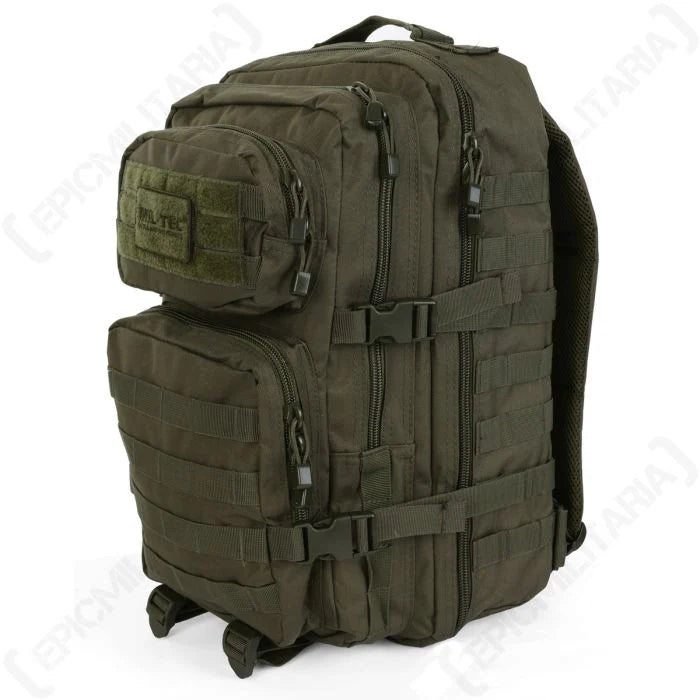 Mil-Tec 36L MOLLE assault pack in olive green tactical colorway, showing side compression straps and MOLLE webbing.