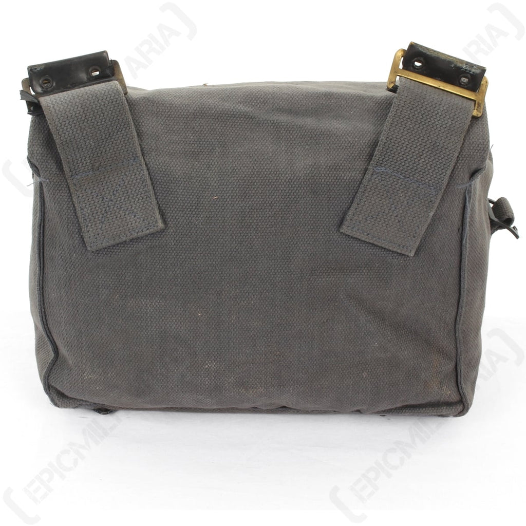 Rear view of an original 37 Pattern British Army small pack, showing durable canvas construction and metal attachment buckles.