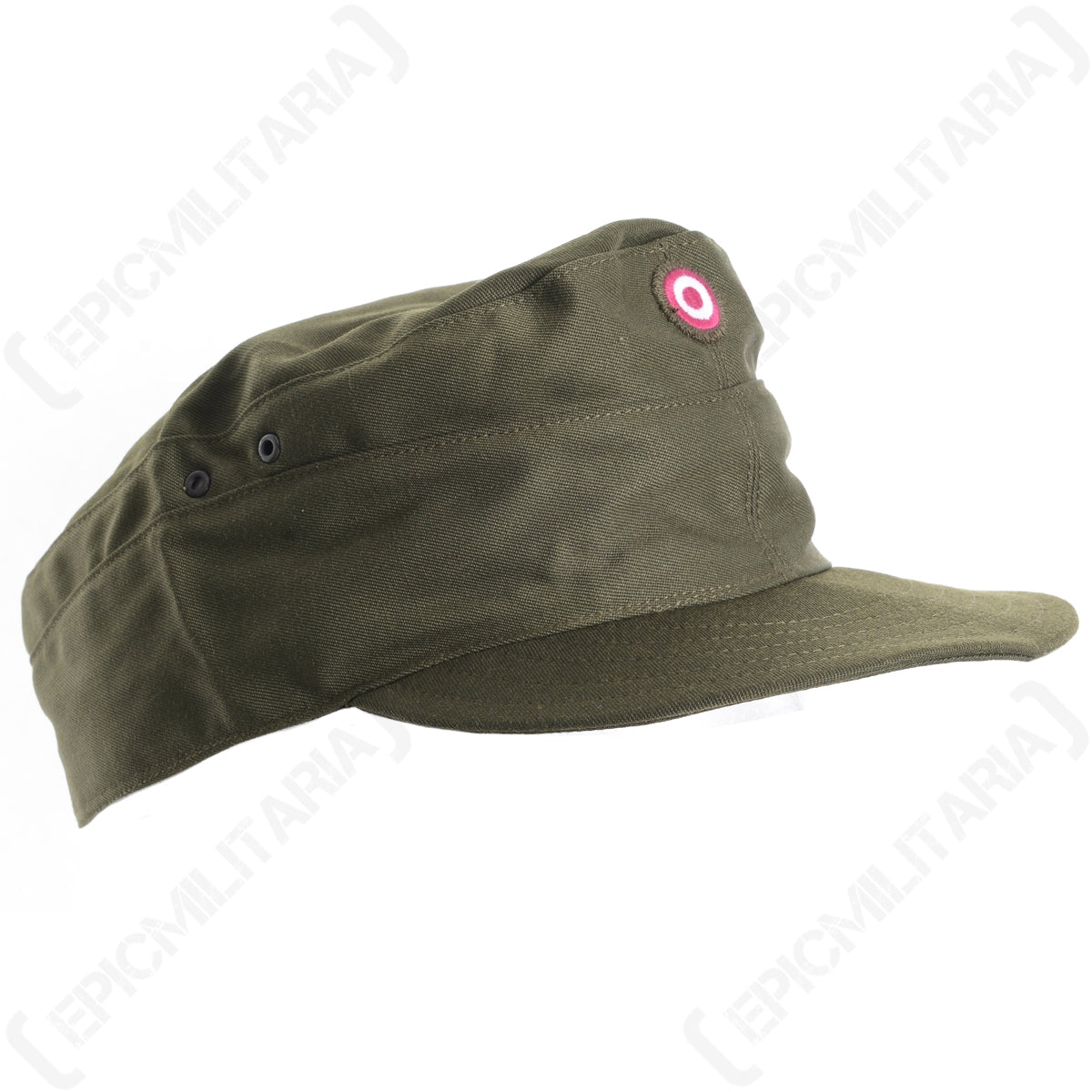 Side profile of an unissued Austrian Army olive drab field cap featuring two ventilation eyelets and the distinctive mountain cap shape.
