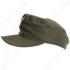 Reverse side angle of the genuine Austrian military field cap showing durable olive cotton-polyester fabric and reinforced brim construction.