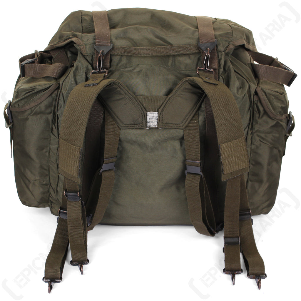 Rear view of the Austrian military backpack highlighting the adjustable shoulder straps and authentic Heereseigentum markings.