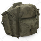 Original Austrian Army olive drab rucksack featuring durable polyamide construction and rugged side pockets for bushcraft gear.