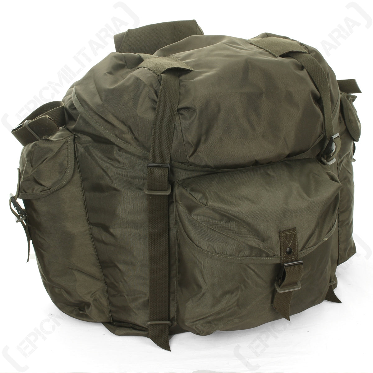 Original Austrian Army olive drab rucksack featuring durable polyamide construction and rugged side pockets for bushcraft gear.