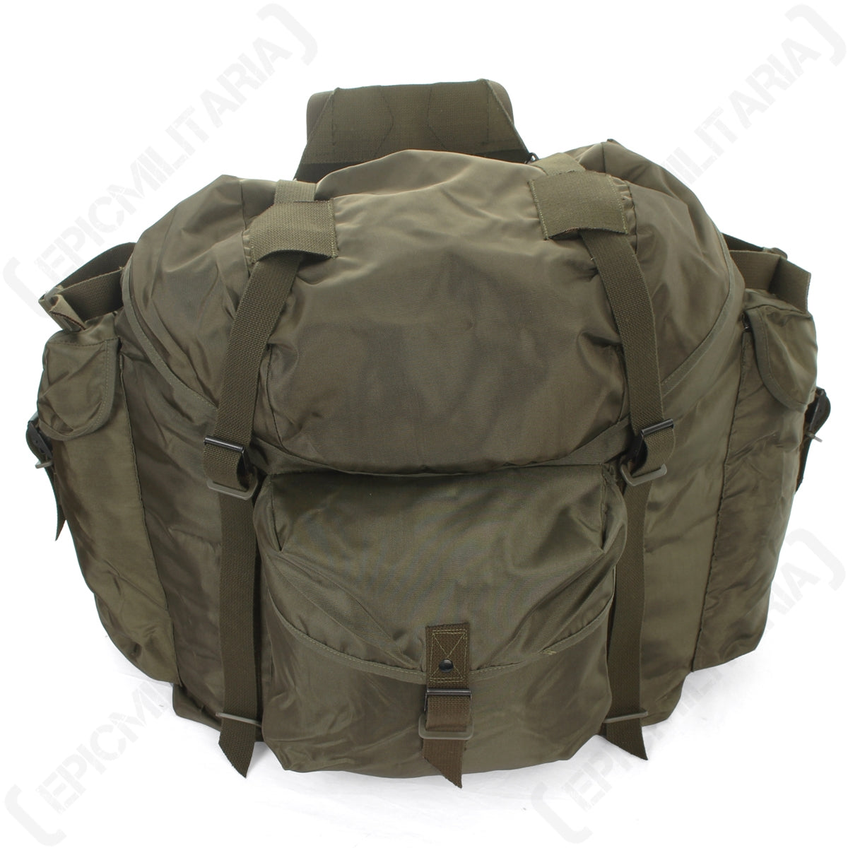 Front view of the 55-litre KAZ 75 military surplus backpack with secure steel buckle closures and compression straps.