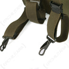 Close-up of padded webbing shoulder straps with robust, quick-release steel spring clips for rapid deployment.