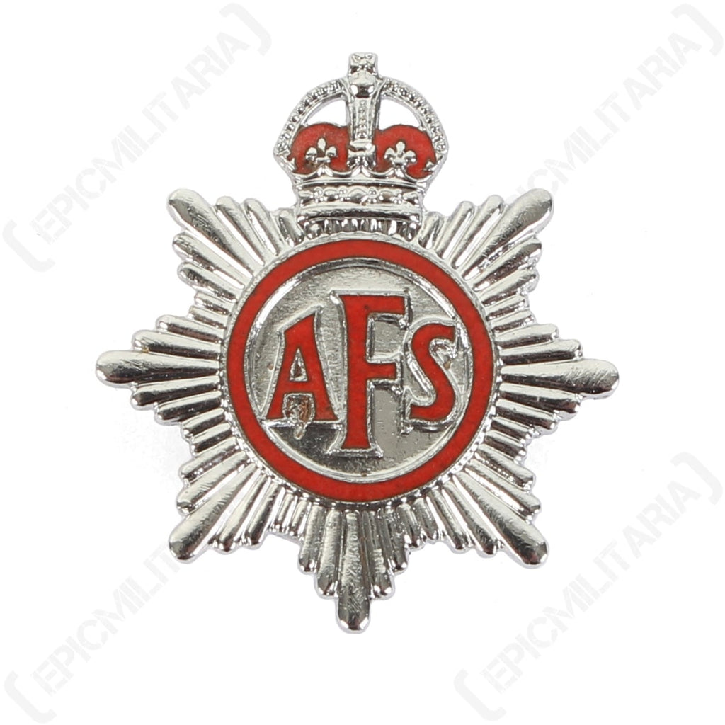 Front view of an original WW2 Auxiliary Fire Service (AFS) lapel badge featuring red enamel lettering on a silver star with King's Crown.