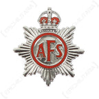 Front view of an original WW2 Auxiliary Fire Service (AFS) lapel badge featuring red enamel lettering on a silver star with King's Crown.