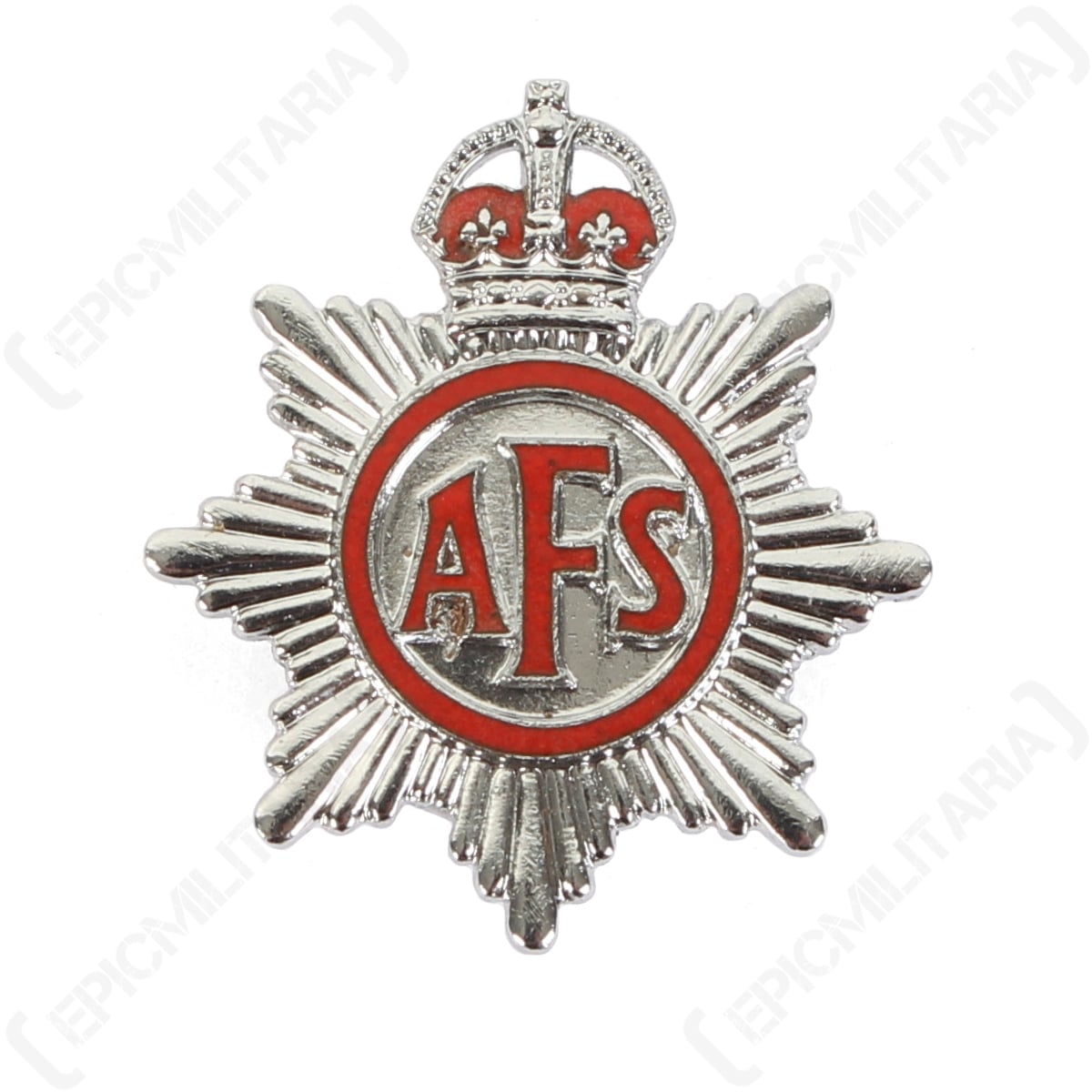 Front view of an original WW2 Auxiliary Fire Service (AFS) lapel badge featuring red enamel lettering on a silver star with King's Crown.