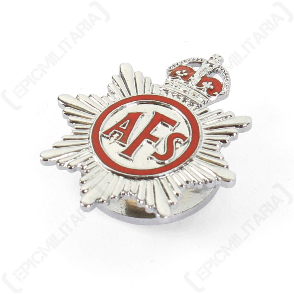 Angled side view of the silver Auxiliary Fire Service lapel badge highlighting the raised King's Crown and eight-pointed star design.