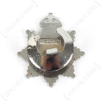 Reverse view of the silver WW2 AFS lapel badge showing the maker's mark J. PINCHES LONDON and the secure buttonhole crescent fitting.