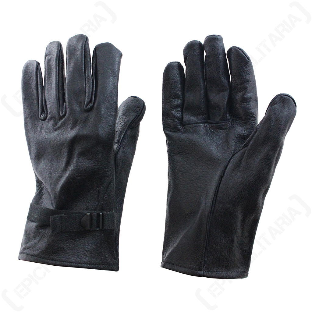 Pair of genuine unissued Belgian Army leather gloves made from durable black cowhide, showing both sides with adjustable straps.