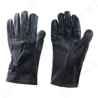 Pair of genuine unissued Belgian Army leather gloves made from durable black cowhide, showing both sides with adjustable straps.