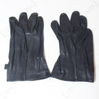 Reverse view of the black cowhide Belgian Army surplus gloves, highlighting the unlined interior and clean leather construction.