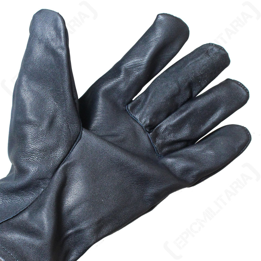 Close-up of the palm and finger section of a black leather Belgian Army glove, showcasing the supple cowhide and reinforced stitching.