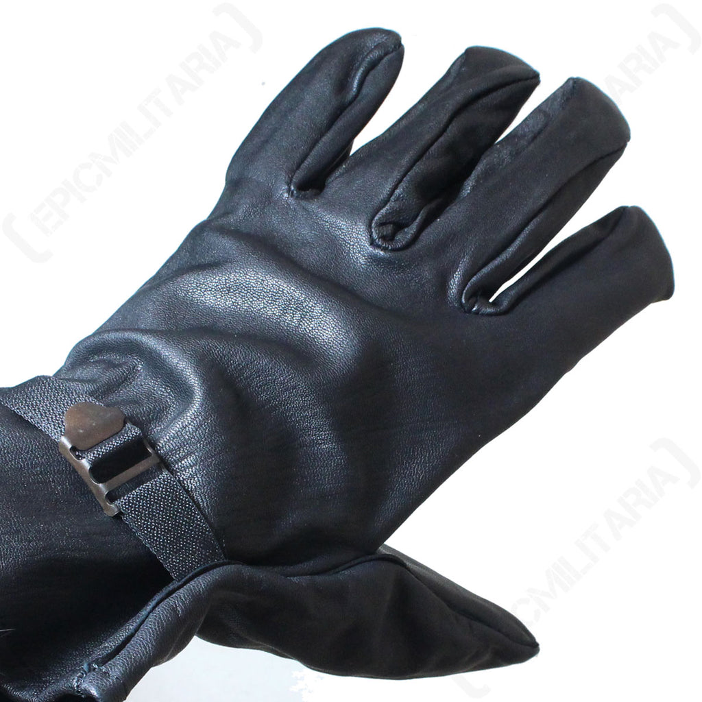 Angled close-up of a Belgian Army leather glove featuring the adjustable wrist strap and metal buckle for a secure fit.