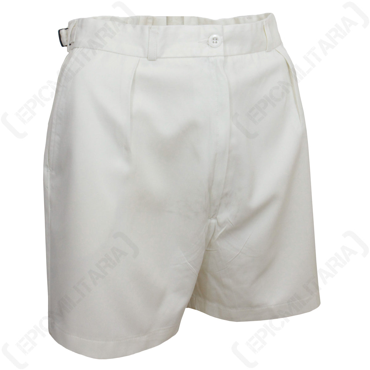 White British Army surplus sailor shorts featuring a high waist, button closure, and adjustable metal buckle on the side.