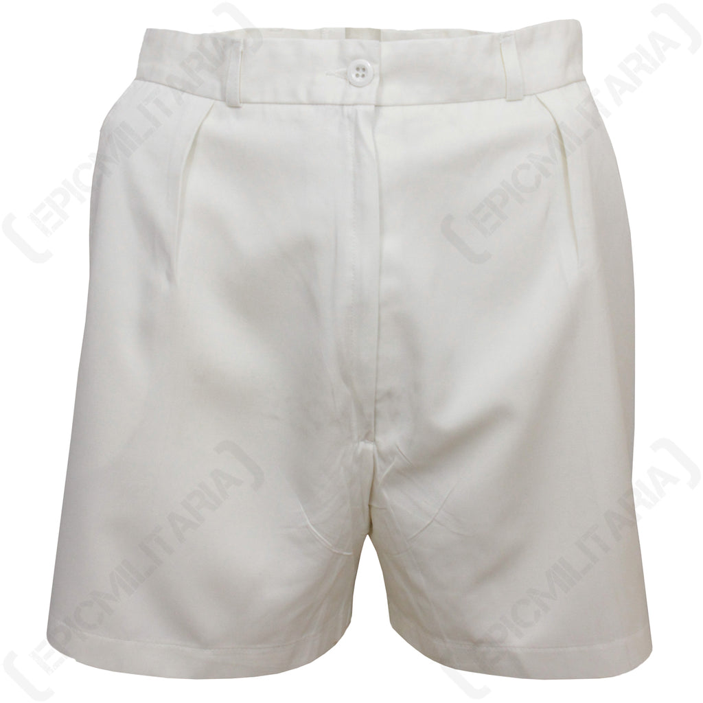 Front view of vintage-style white cotton-blend military sailor shorts with subtle pleats and a tailored silhouette.