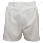 Front view of vintage-style white cotton-blend military sailor shorts with subtle pleats and a tailored silhouette.