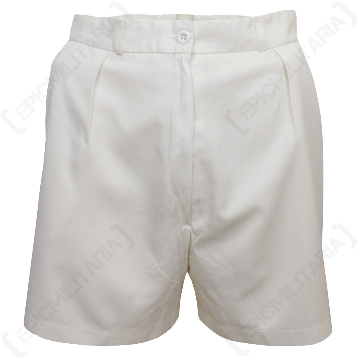 Front view of vintage-style white cotton-blend military sailor shorts with subtle pleats and a tailored silhouette.