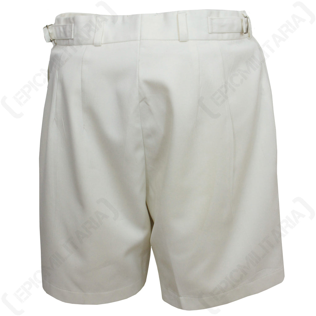 Rear view of genuine British Army white sailor shorts showcasing the adjustable buckle and pleated tailored back design.