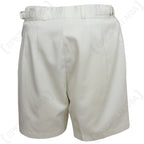 Rear view of genuine British Army white sailor shorts showcasing the adjustable buckle and pleated tailored back design.