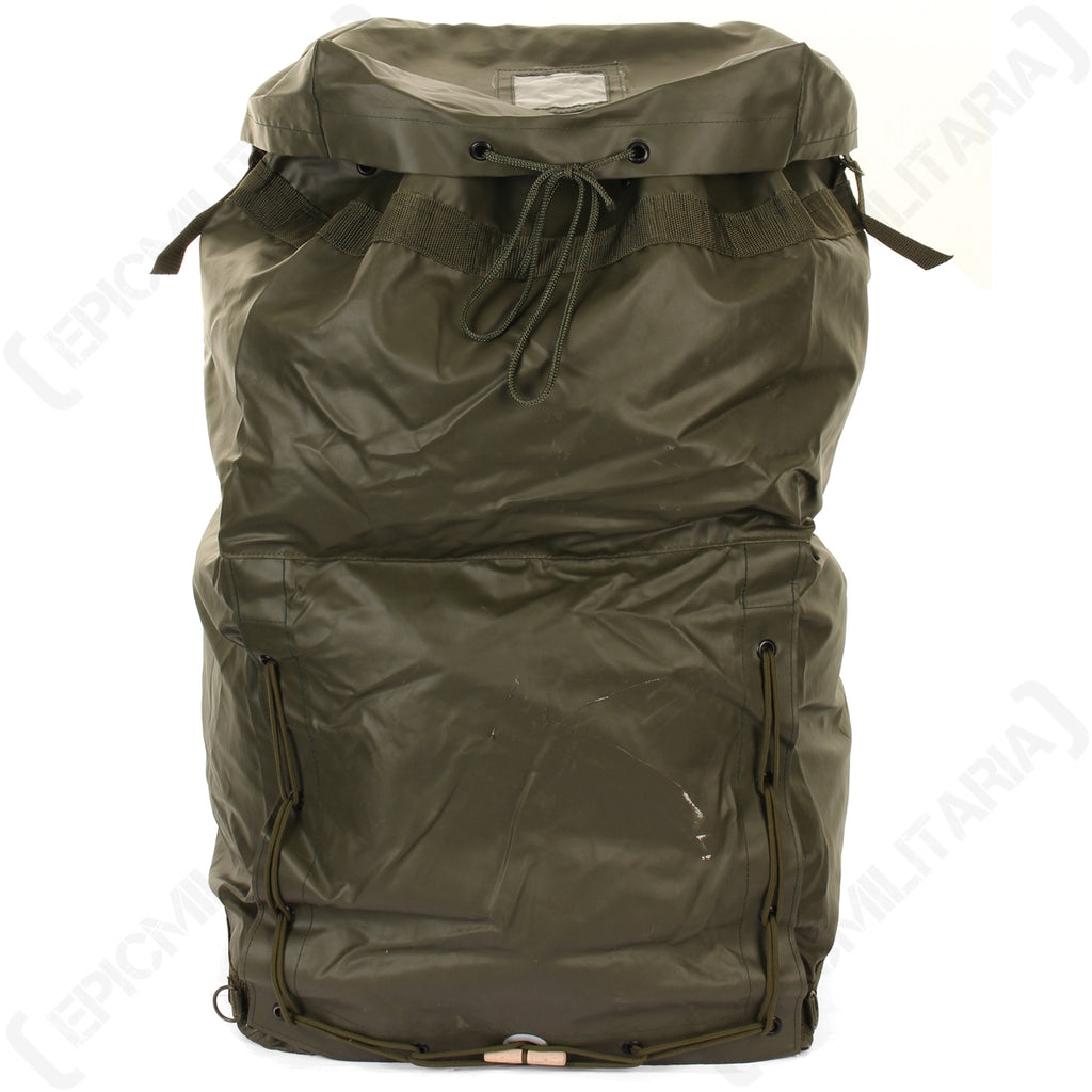 Original Czech Army M85 duffle bag in olive green vinyl with drawstring closure and ID window.