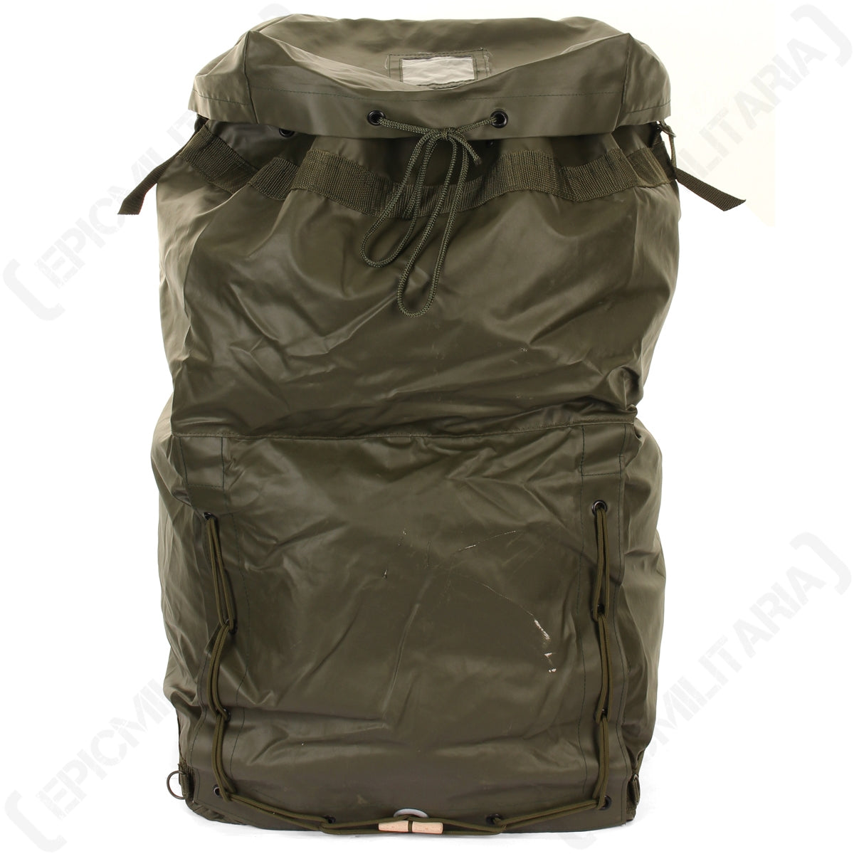 Original Czech Army M85 duffle bag in olive green vinyl with drawstring closure and ID window.