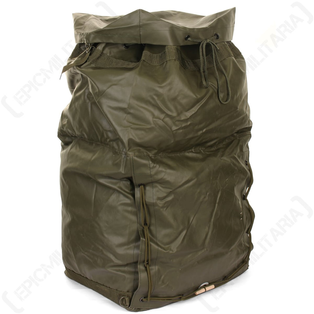 Side profile of the Czech M85 Cold War duffle bag showing the side-lace opening and lower compartment.