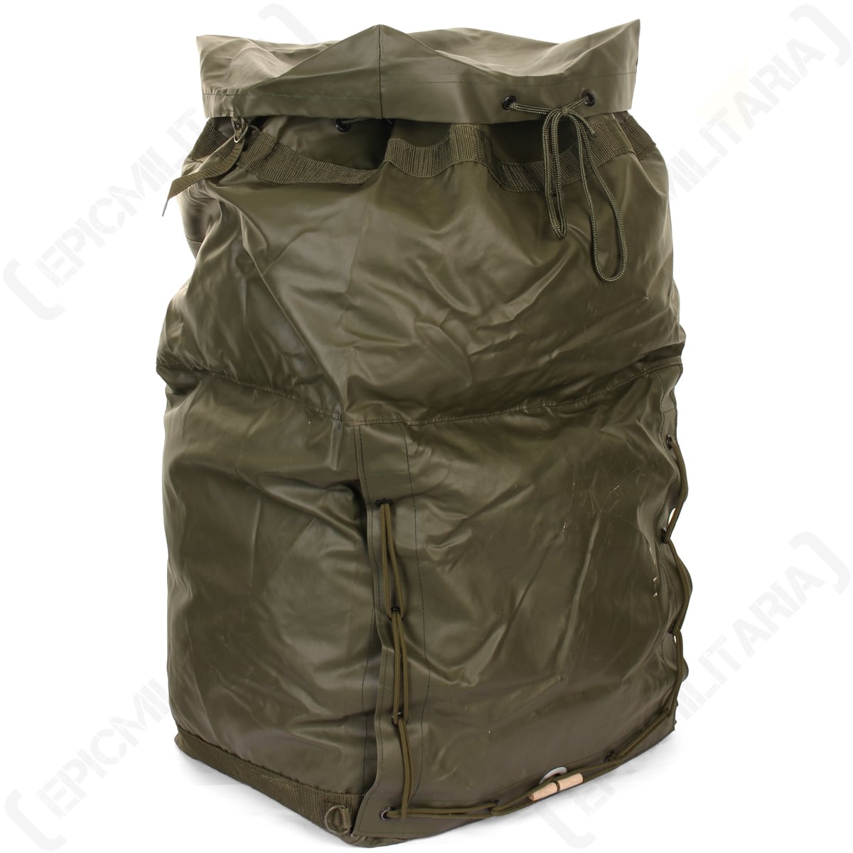 Side profile of the Czech M85 Cold War duffle bag showing the side-lace opening and lower compartment.