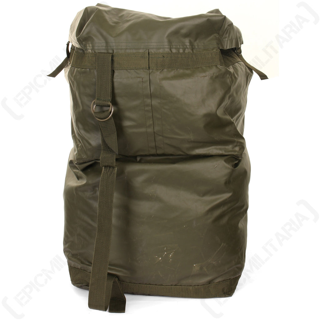 Rear view of the heavy-duty Czech army bag featuring a wide adjustable webbing shoulder strap and durable hardware.