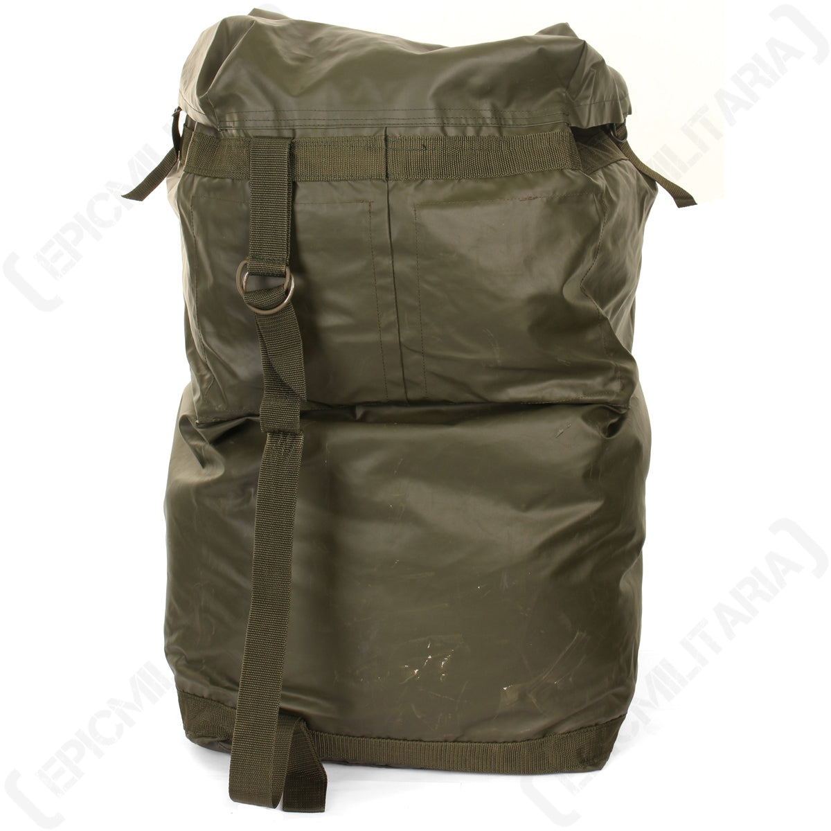 Rear view of the heavy-duty Czech army bag featuring a wide adjustable webbing shoulder strap and durable hardware.