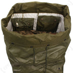 Internal view of the M85 duffle bag top compartment with two pocket flaps and secure metal snap buttons.