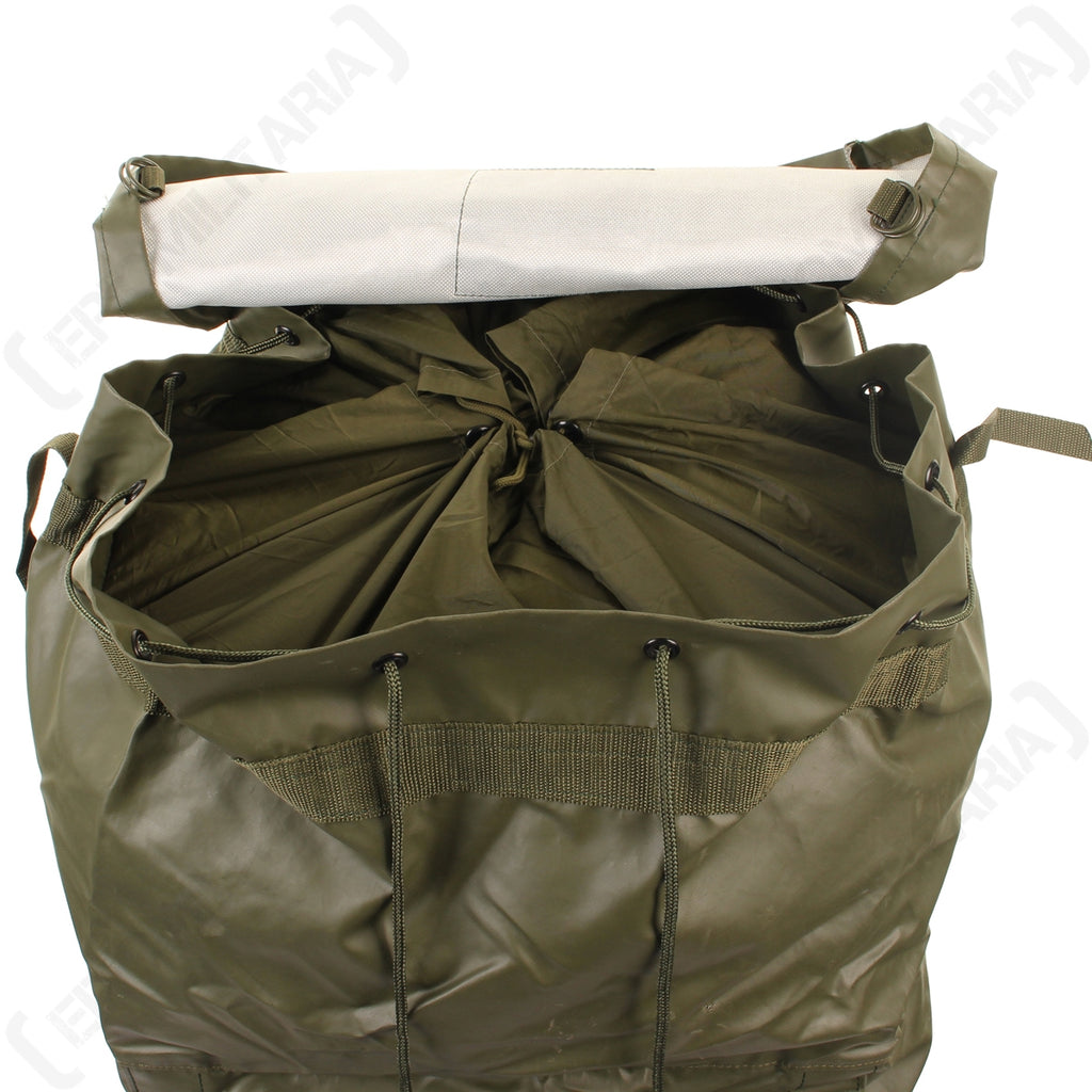 Detail of the top drawstring closure and snow collar on the Czech Army M85 backpack.