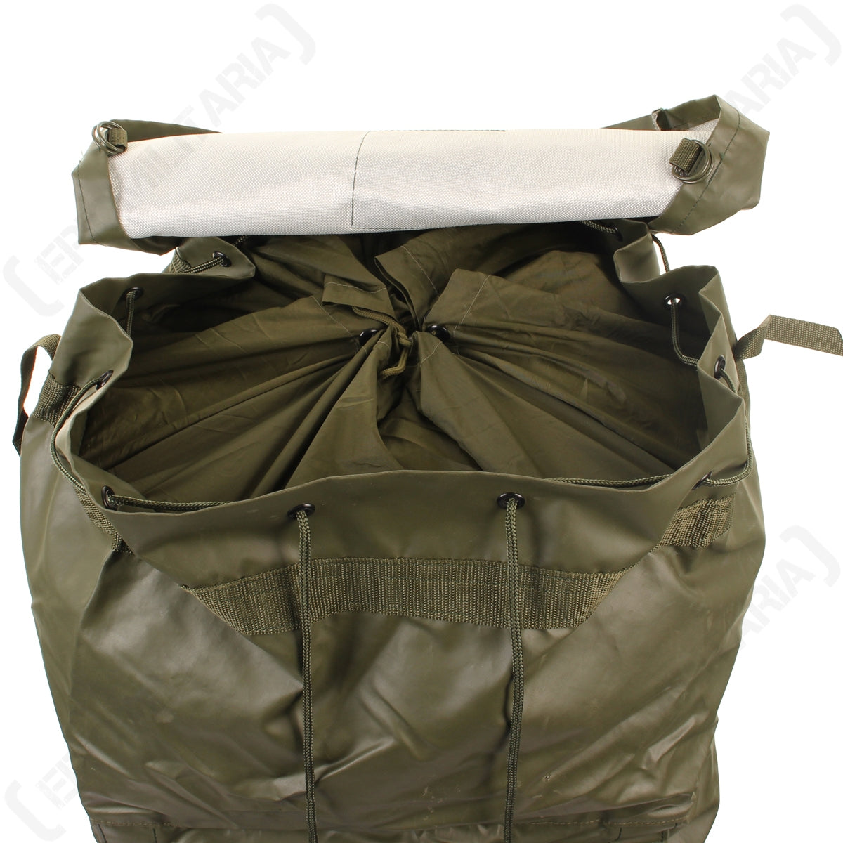 Detail of the top drawstring closure and snow collar on the Czech Army M85 backpack.