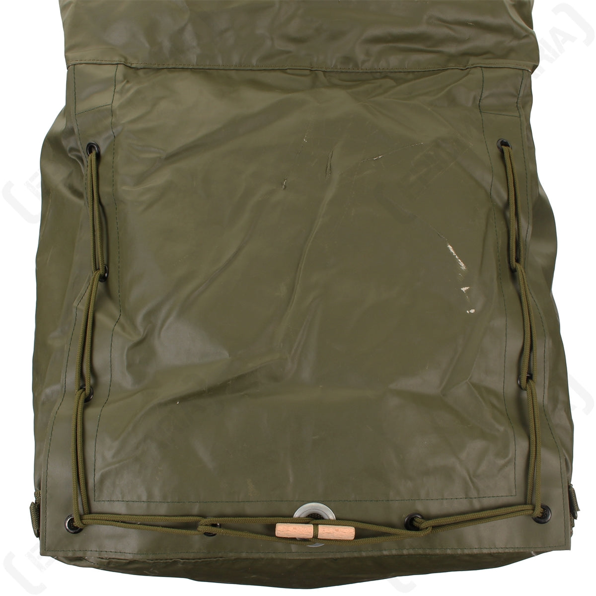 Close-up of the side-lace opening on the Czech M85 bag with eyelets and a wooden toggle fastener.