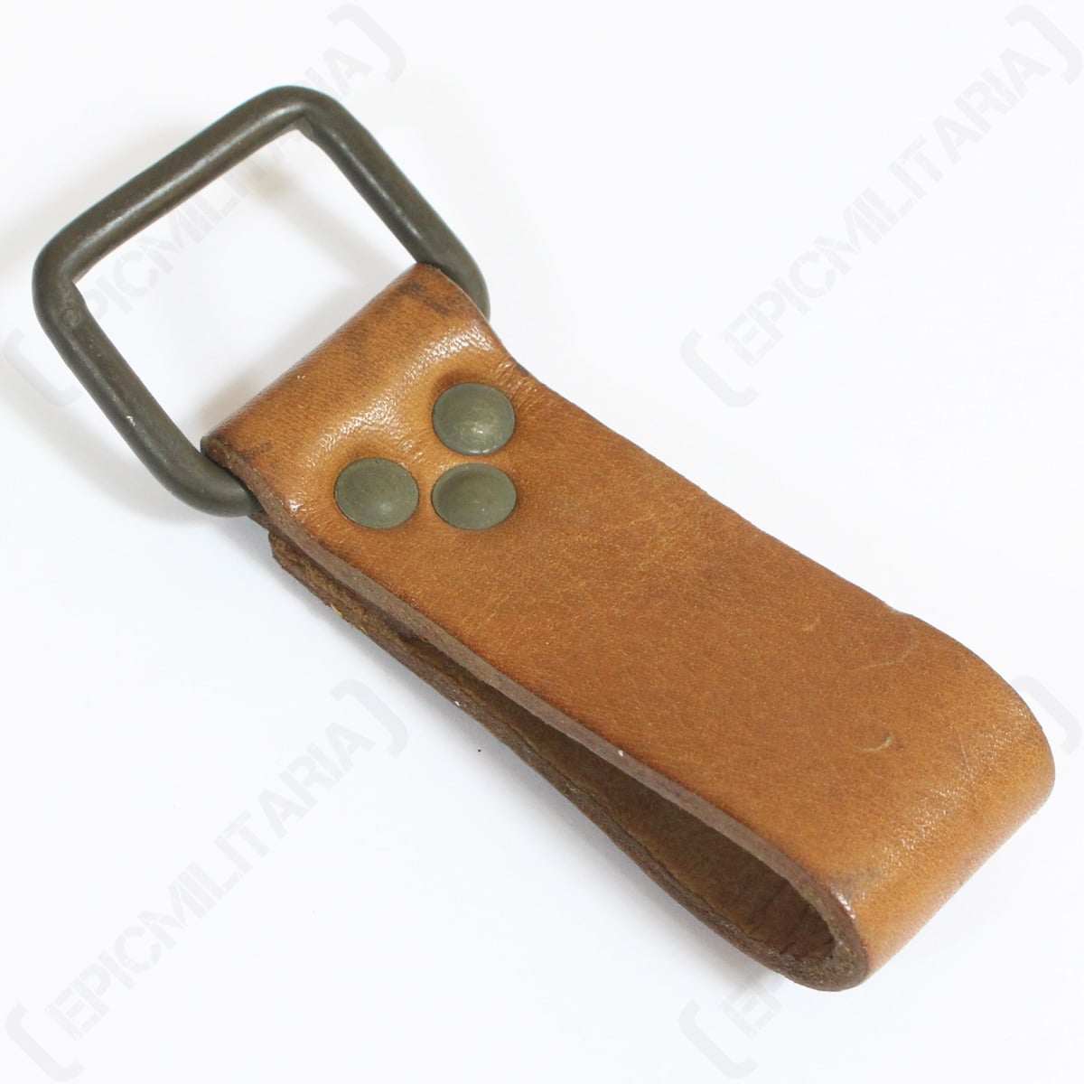 Original Czech military surplus brown leather belt loop angled view showing sturdy metal D-ring and reinforced triple rivet construction.