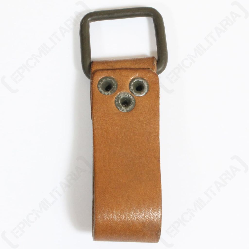 Flat front view of authentic Czechoslovakian leather belt loop featuring a heavy-duty metal D-ring and three metal rivet fasteners.