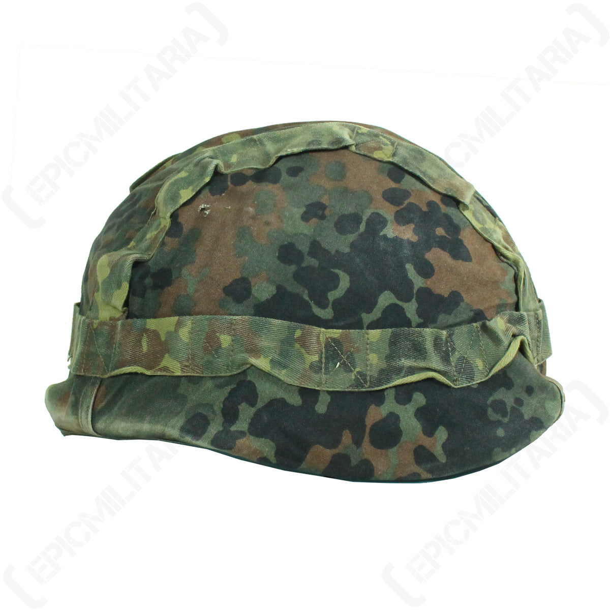German Army Flecktarn reversible helmet cover featuring durable fabric and integrated foliage loops for woodland concealment.