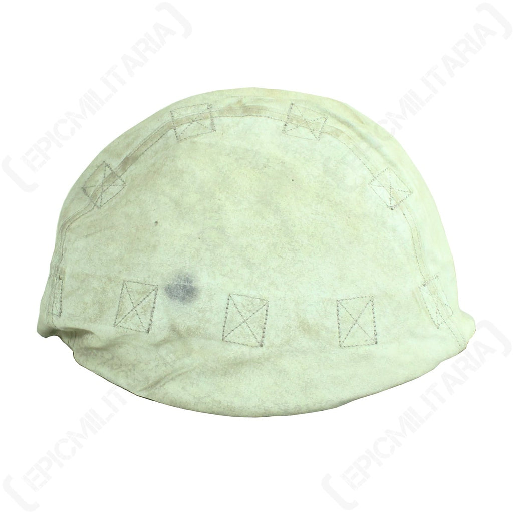 Reverse side of the original German Army helmet cover finished in an off-white snow camouflage pattern with perimeter attachment loops.