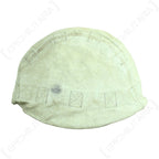 Reverse side of the original German Army helmet cover finished in an off-white snow camouflage pattern with perimeter attachment loops.