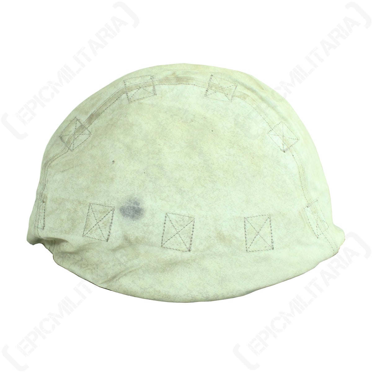 Reverse side of the original German Army helmet cover finished in an off-white snow camouflage pattern with perimeter attachment loops.