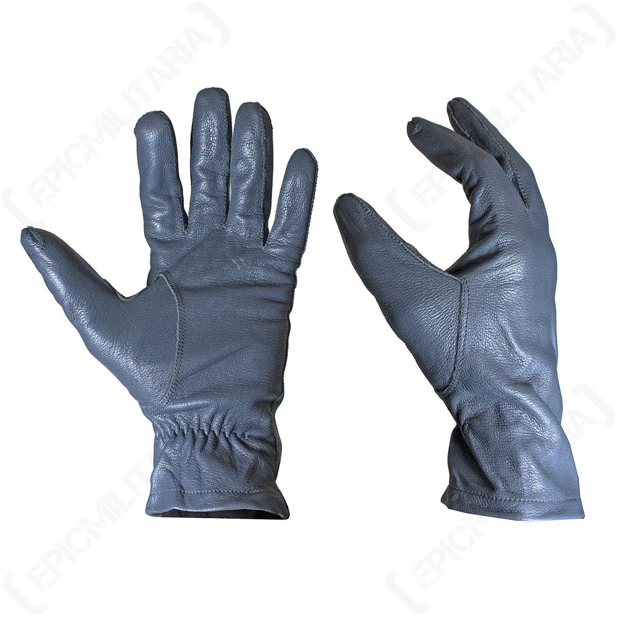 Pair of genuine German Army leather gloves, Grade 1 surplus, showing the textured dark grey leather and elasticated wrists.