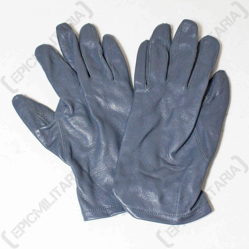 Top view of German Army leather gloves, focusing on the quality of the genuine leather and consistent grey finish.