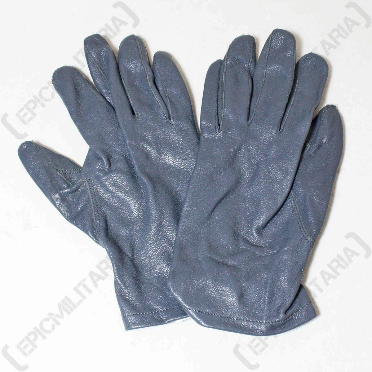 Top view of German Army leather gloves, focusing on the quality of the genuine leather and consistent grey finish.