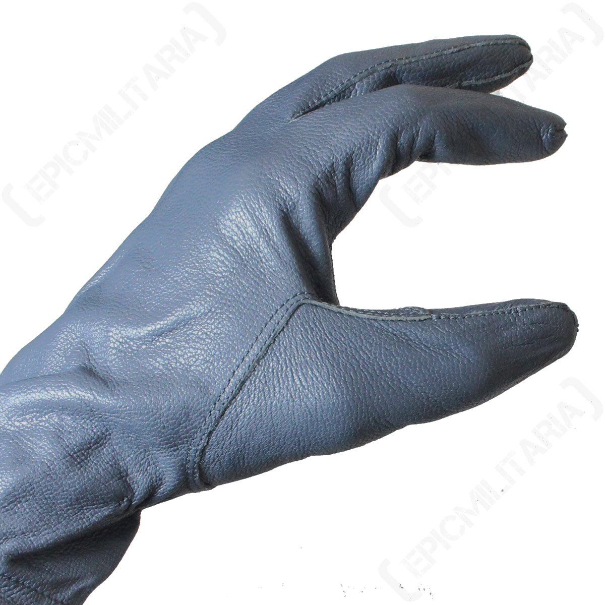 Side profile view of a German Army leather glove, demonstrating the ergonomic design and range of movement for the fingers.
