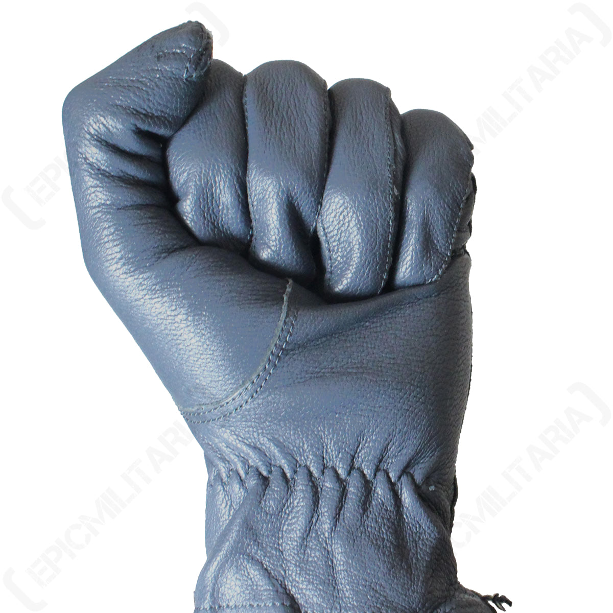 Hand wearing a German Army leather glove clenched into a fist, showing the material's flexibility and secure fit around the wrist.